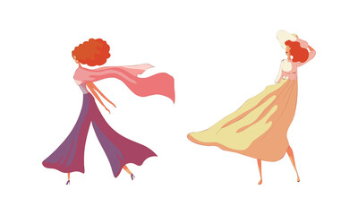 Energetic Woman Walking Along the Street with Winding Dress Vector Set