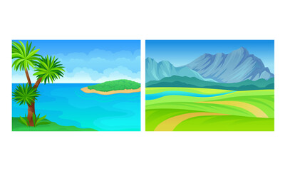 Obraz na płótnie Canvas Landscape Panorama View with Sea Shore and Palm Tree Vector Set