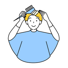 ヘアケア セルフカラー 白髪染め コームで部分染めをしている可愛い女性 イラスト シンプル ベクター