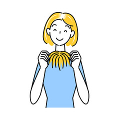 ヘアケア 部分カツラ（ウィッグ）を両手で持っている可愛い女性 イラスト シンプル ベクター 