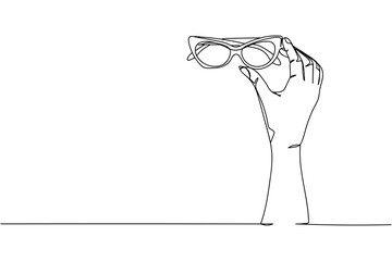 Continuous one line of glasses in woman hand in silhouette on a white background. Linear stylized.Minimalist.