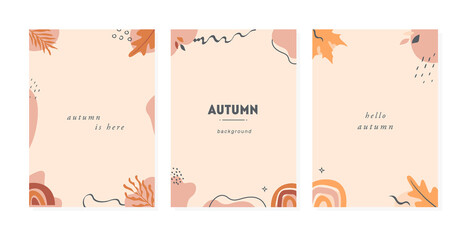 Set of trendy abstract autumn vertical templates with leaves, plants, rainbow and abstract shapes and lines. Fall season posters with copy space for text. Vector flat style backgrounds. 