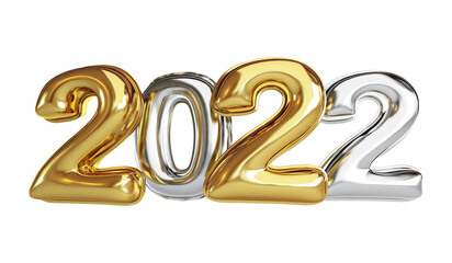 Foil balloon 2022 Gold Happy New Year on a white background 3D illustration, 3D rendering