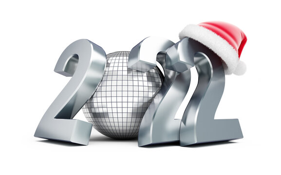 New Year 2022 santa hat Disco ball on a white background 3D illustration, 3D rendering