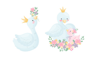 Beautiful White Swan or Goose with Golden Crown and Floral Arrangement Vector Set