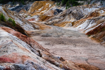 Landscape like a planet Mars surface. Ural refractory clay quarries. Nature of Ural mountains, Russia. The hardened red-brown surface of the earth.
For screensaver for desktop, banner, cover.