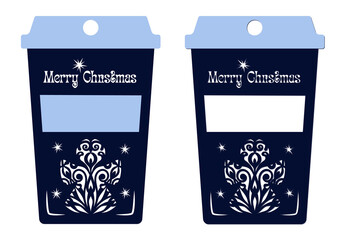 Coffee cups with lace angel and inscription Merry Christmas. Stencil for cutting.