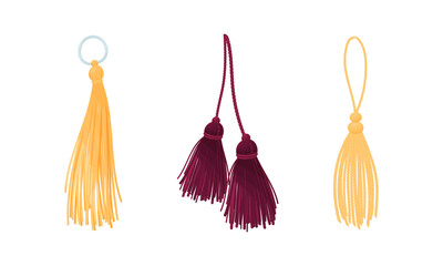 Tassel for Fabric and Clothing Decoration with Braided Cord and Yarn Skirt Vector Set - obrazy, fototapety, plakaty