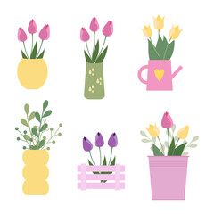Cute collection of flower pots with tulips. Isolated vector illustration. Beautiful elements for web pages, wedding invitations, save the date cards, greeting cards