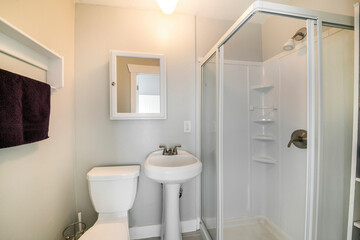 Naklejka na ściany i meble Interior of a small white bathroom with shower stall kit on the side