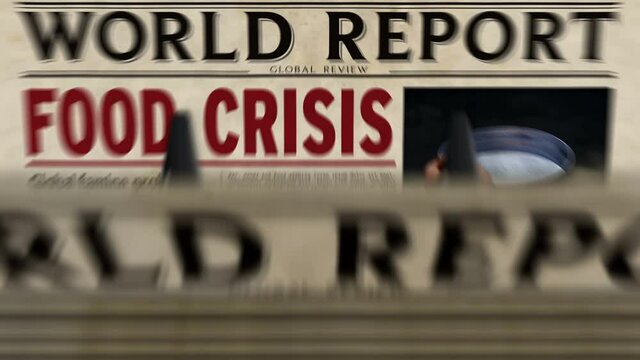 Food crisis news, global famine and hunger disaster daily newspaper report printing. Abstract concept retro 3d rendering seamless looped.