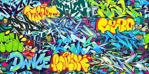 Colorful Abstract Urban Graffiti Street Art Seamless Pattern. Vector Illustration Background - obrazy, fototapety, plakaty