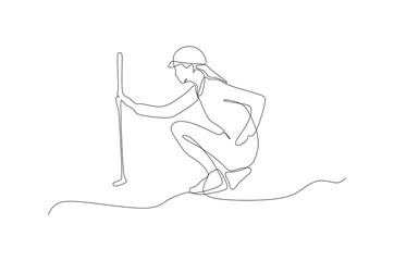 Continuous one line drawing of a woman golfer player kneeling and aiming for the hole. Healthy sport concept. Modern continuous line draw design for golf tournament poster graphic vector illustration