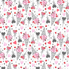 Cute Seamless pattern of pink watercolor abstract ice cream, lollipops and hearts. Hand drawn bright texture in sketch style. For wrapping paper, confectionery design, Valentines day