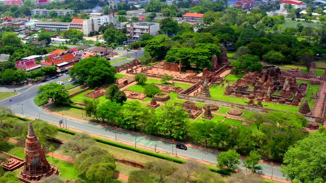 Aerial view of Ayutthaya temple, Wat Ratchaburana, empty during covid, in Phra Nakhon Si Ayutthaya, Historic City in Thailand