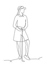 One single line drawing of young sporty golf player hit the ball using golf club vector graphic illustration. Healthy sport concept. Modern continuous line draw design for golf tournament poster