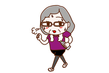 Fototapeta premium ＜全身・正面＞ペットボトルを持って汗だくでウォーキングをする高齢の女性