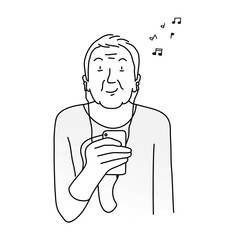 Old woman with headphones listening to music on the phone.