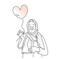 Very old woman in headscarf with heart shaped balloon.