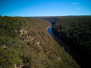 Fototapeta na wymiar Drone photo of the Nepean Gorge on the Nepean River west of Sydney, New South Wales, Australia. The gorge is located south of the western suburb of Penrith.