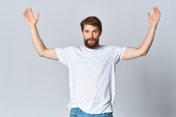 bearded man in white t-shirt and jeans Copy Space mockup posing