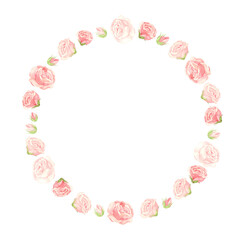 Pink roses wreath with flowers, buds and petals. Floral template for postcards, posters, banners. Watercolor clipart on white background.