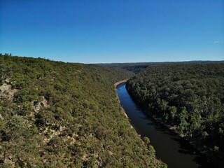 Fototapeta na wymiar Drone photo of The Nepean Gorge on the Nepean River west of Sydney, New South Wales, Australia. The gorge is located south of the western suburb of Penrith.