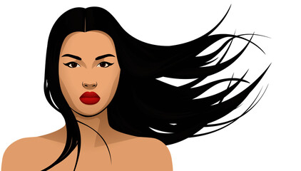 Beautiful young stylish girl with black long hair on an isolated white background for design. Style and fashion. Illustration.