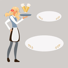 Cute showy girl with a tray and two glasses of beer. A pretty blonde with a playful smile is serving beer. Oktoberfest day. Vector for advertising, menus of restaurants, bars with two bubbles for text