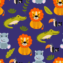 Fototapeta na wymiar Seamless pattern with cute hand-drawn animals. Lion, hippo, crocodile and toucan. Design for fabric, textile, wallpaper, packaging, nursery decoration. 
