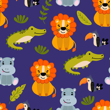 Seamless pattern with cute hand-drawn animals. Lion, hippo, crocodile and toucan. Design for fabric, textile, wallpaper, packaging, nursery decoration.	