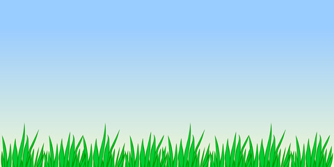 Fototapeta na wymiar Vector outline green grass isolated on blue sky background. Herbal Border, horizontal bottom edging, lawn panoramic landscape. Template, design element for postcard, illustration