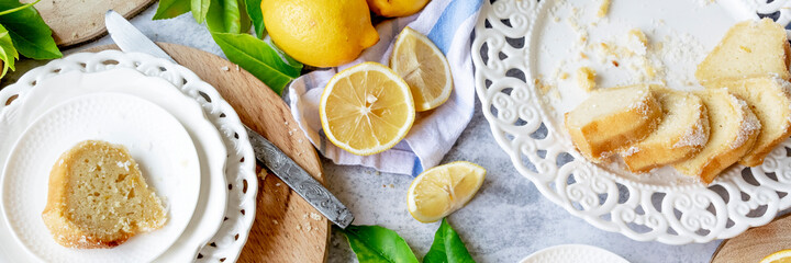 Traditional homemade lemon cake, fresh summer baking items