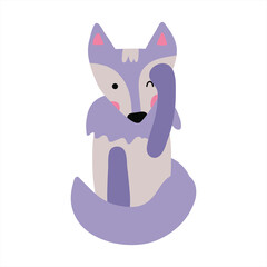 A small cute wolf closes one eye with its paw. Playing hide and seek with children, peeping