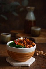 a bowl of rice with chicken meat and mushroom sauce 