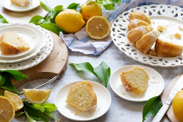 Traditional homemade lemon cake, fresh summer baking items