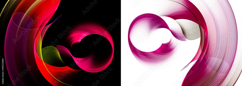 Poster round, wavy magenta and red elements intersect, layered, and rotate on black and white backgrounds. 