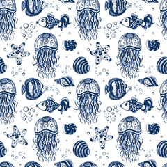 Seamless marine pattern with jellyfish, shells, starfish and fish. Children's cute background. Cartoon  underwater world inhabitants on white background