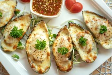 Plate of New Zealand mussels baked with cheese served on the table. Food close-up photo.