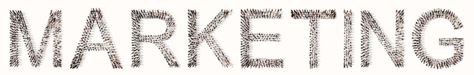 Concept conceptual large community of people forming  MARKETING word. 3d illustration metaphor for advertising, strategy, promotion, branding, value, performance, planning, challenge, development