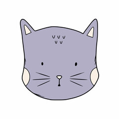 Cute cat in style of doodles. Muzzle of animal. Sticker for children.