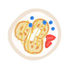 Pancakes with butter and maple syrup. Flat hand drawn textured breakfast plate. Cute sweet american crepes with berries. Homemade and delicious morning snack.