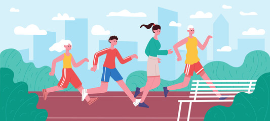 Running family. Jogging dad, mom and kids, active healthy lifestyle parenting motivation, parents and children jogging in park vector illustration. Family marathon