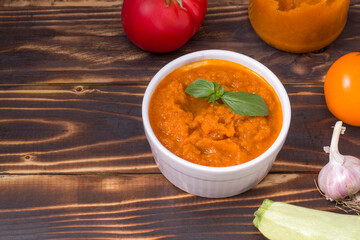Squash spread, zucchini caviar and ingredients. Healthy food