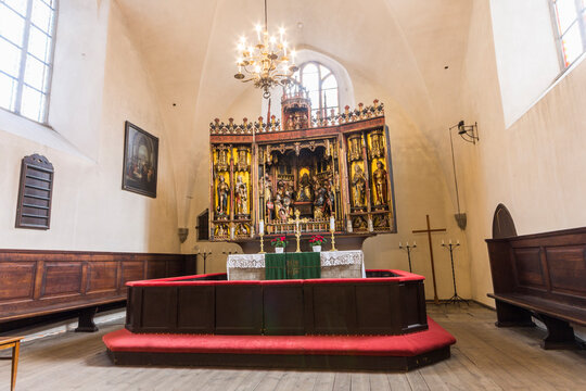 Tallinn, Estonia. The main altar, by Bernt Notke (1483), inside the Church of the Holy Spirit (Puha Vaimu kirik)