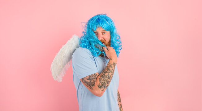 man with beard and blue peruke acts like an agel with wings