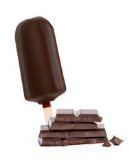 Chocolate popsicle stick ice cream and dark chocolate pieces stack on white background.