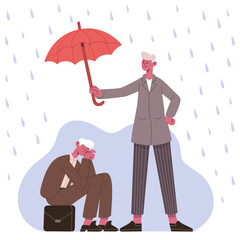 Psychological support concept. Therapist or friend protecting patient from depression under umbrella vector illustration. Psychotherapy support metaphor