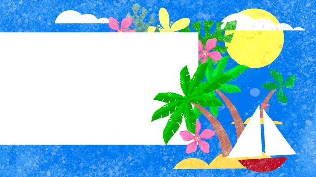 White frame with space for text. Looped animation with moving drawings of leaves, trees, flowers, clouds, sun, sky and sea.