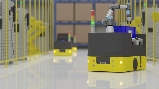 Factory 4.0 concept: The AGV (Automated guided vehicle) with COBOT is carrying parts in smart factory. 3D illustration